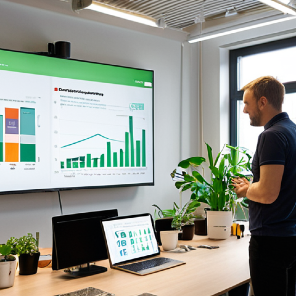 **

A modern office environment in Stockholm. Employees are collaborating around a large screen displaying sustainability metrics and charts. Natural light floods the space, and there are visible green initiatives like indoor plants and recycling bins. The overall feeling is one of transparency, innovation, and corporate social responsibility. Focus on the expressions of the employees, conveying a sense of engagement and purpose.

**