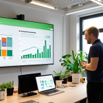 **

A modern office environment in Stockholm. Employees are collaborating around a large screen displaying sustainability metrics and charts. Natural light floods the space, and there are visible green initiatives like indoor plants and recycling bins. The overall feeling is one of transparency, innovation, and corporate social responsibility. Focus on the expressions of the employees, conveying a sense of engagement and purpose.

**